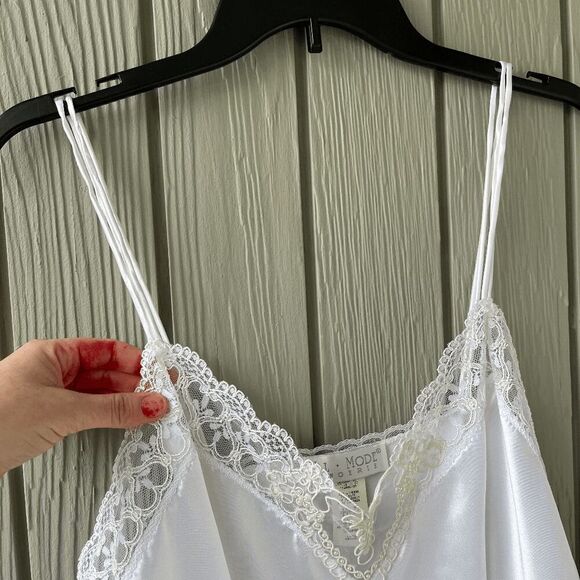 Vintage Val Mode White Satin Slip Dress w/ Pearl Lace – Large - Picture 8 of 9